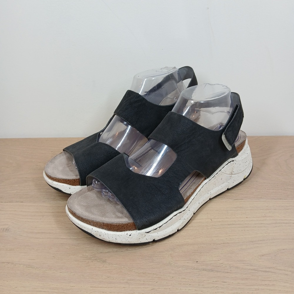 Bionica Platform Sandals Women 11 Black Leather Speckled Sole Hook Loop Straps